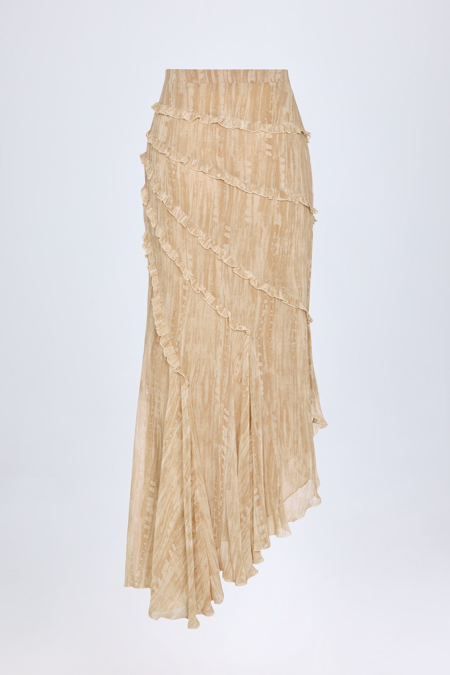 Ruffled Asymmetric Mid-Rise Maxi Skirt in Tan Print