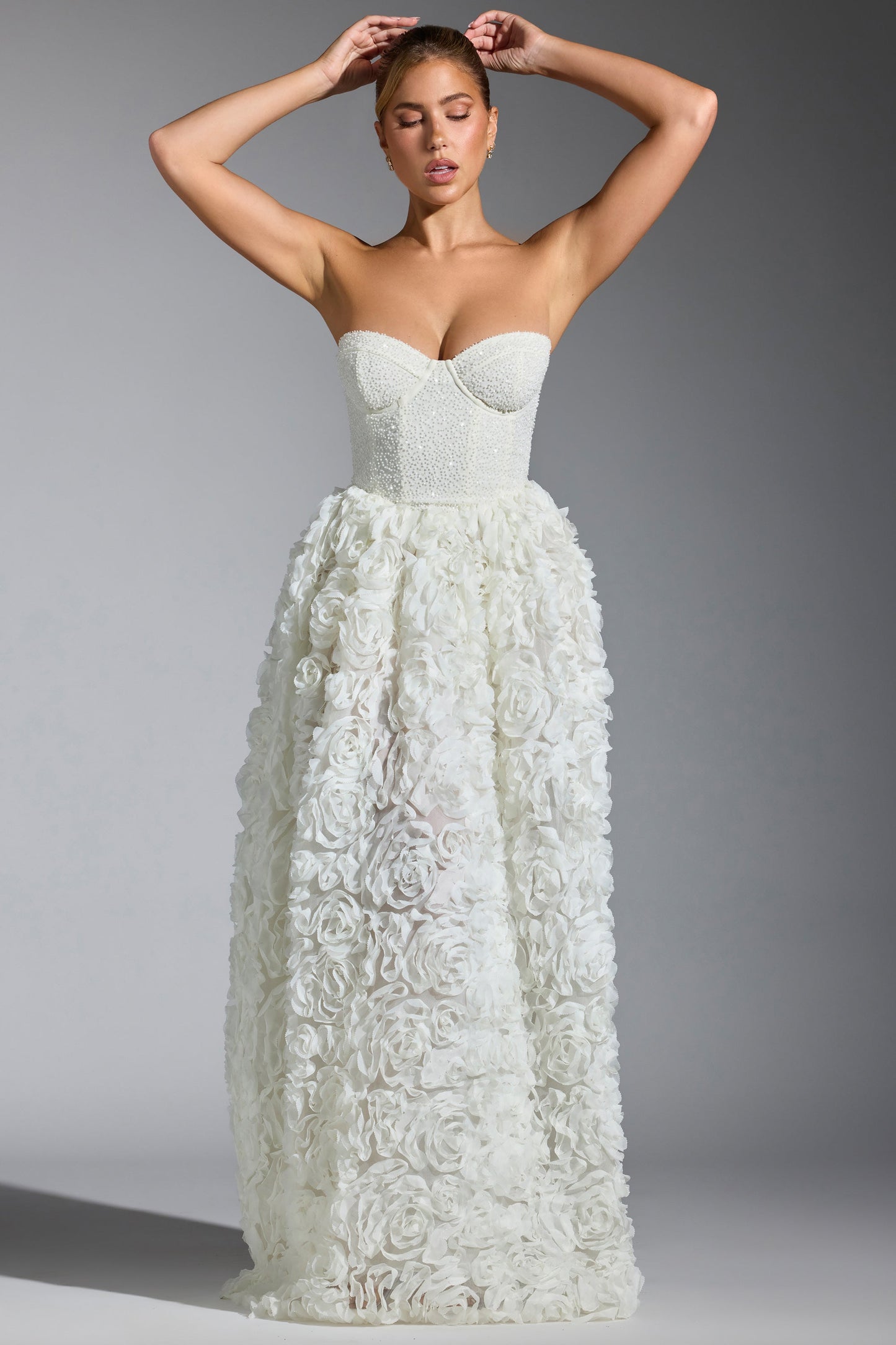 Embellished Floral-Appliqu�� Corset Gown in White