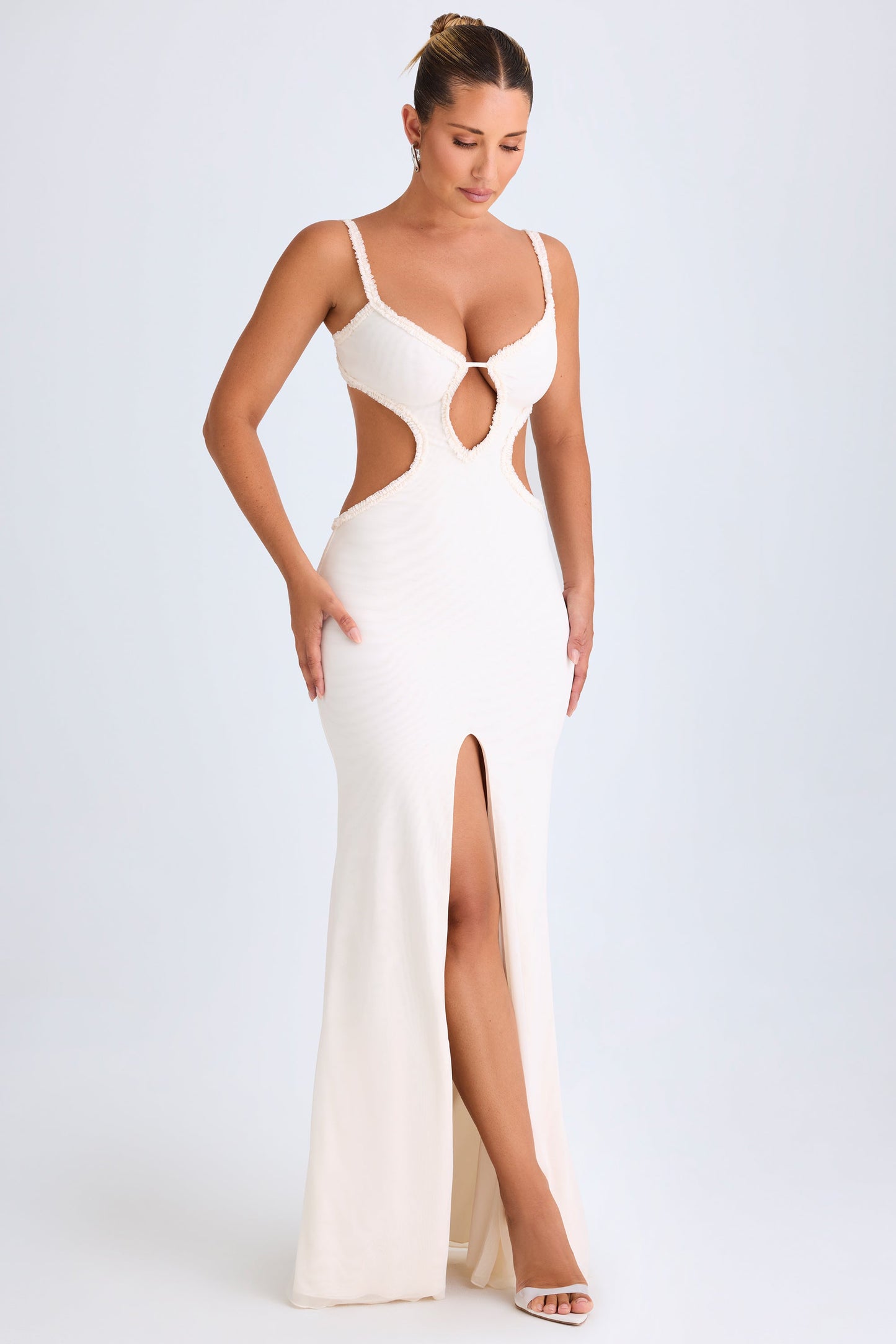 Ruffle-Appliqu�� Cut-Out Maxi Dress in White