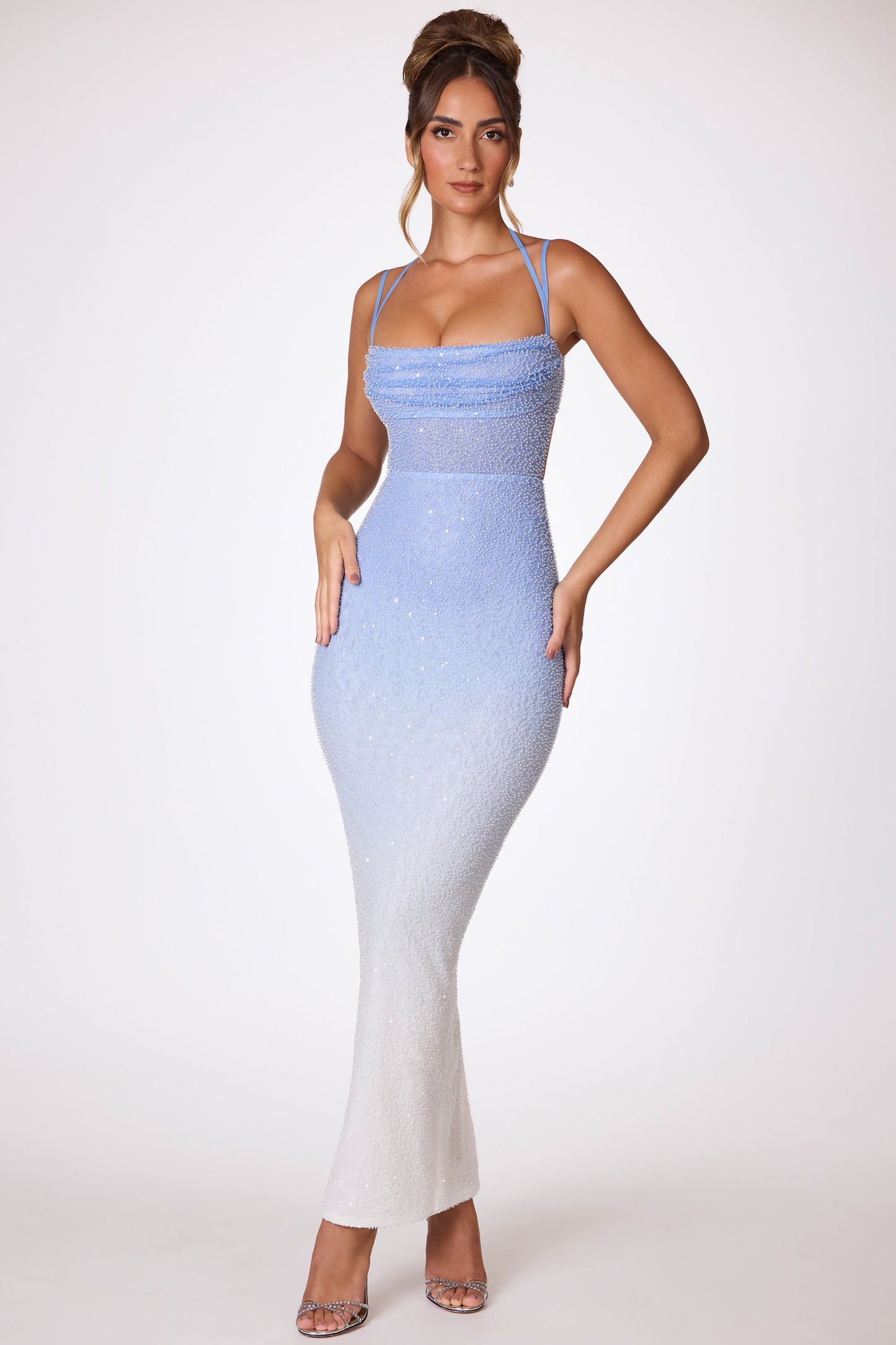 Embellished Maxi Dress in Blue and White Ombr��