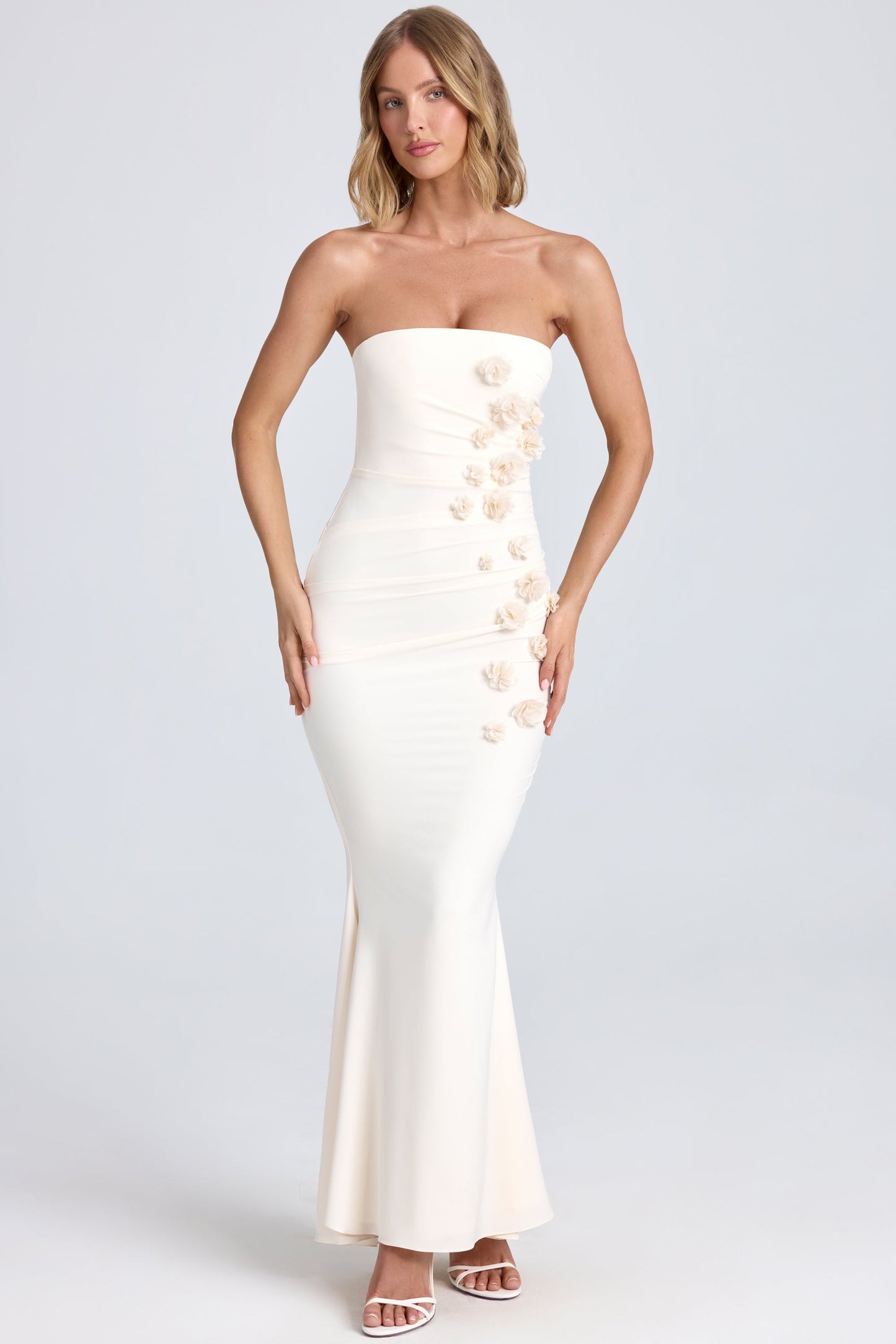 Draped Floral-Appliqu�� Maxi Dress in Ivory