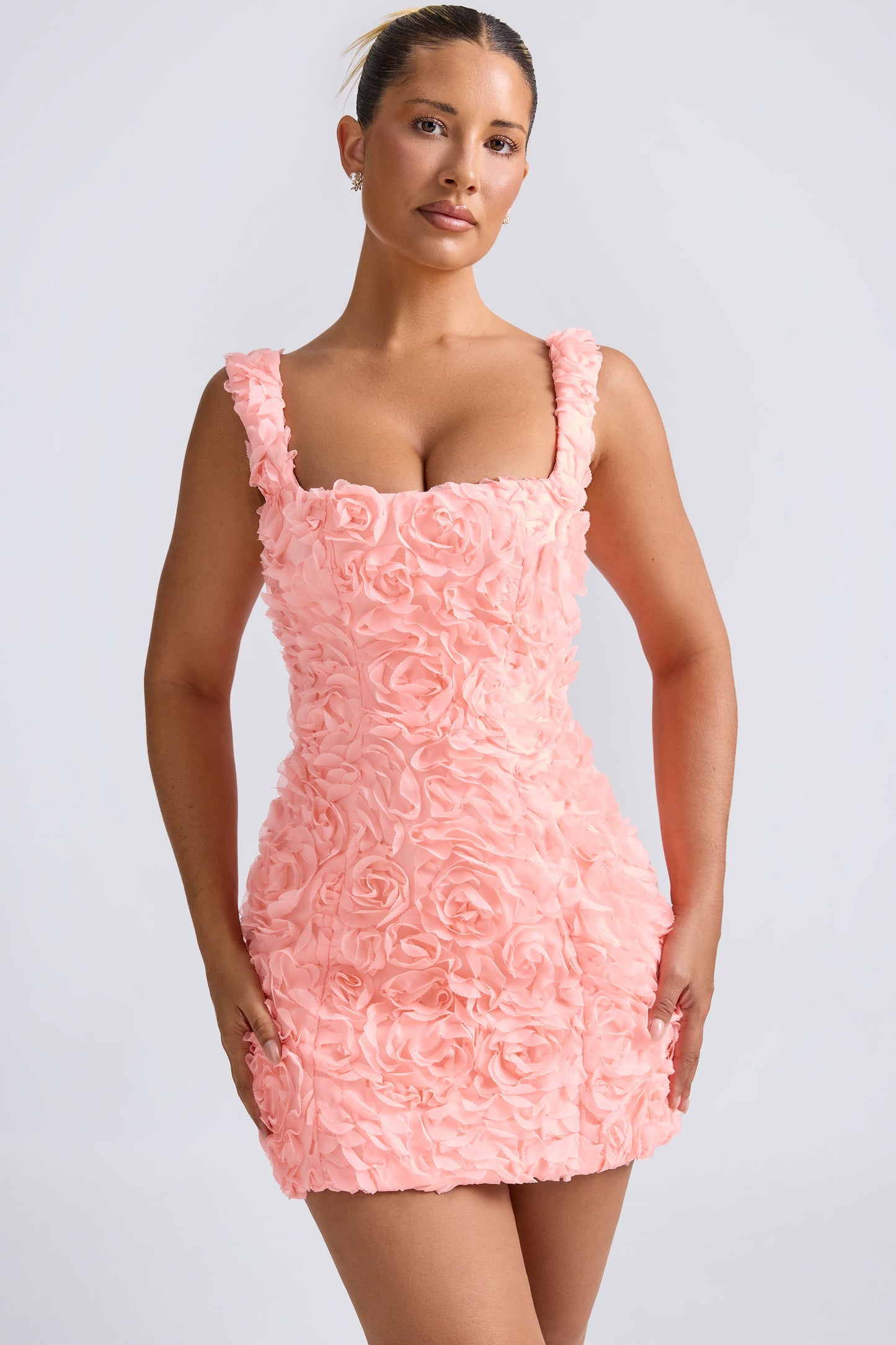Floral-Appliqu�� Corset Mini Dress in Coral
