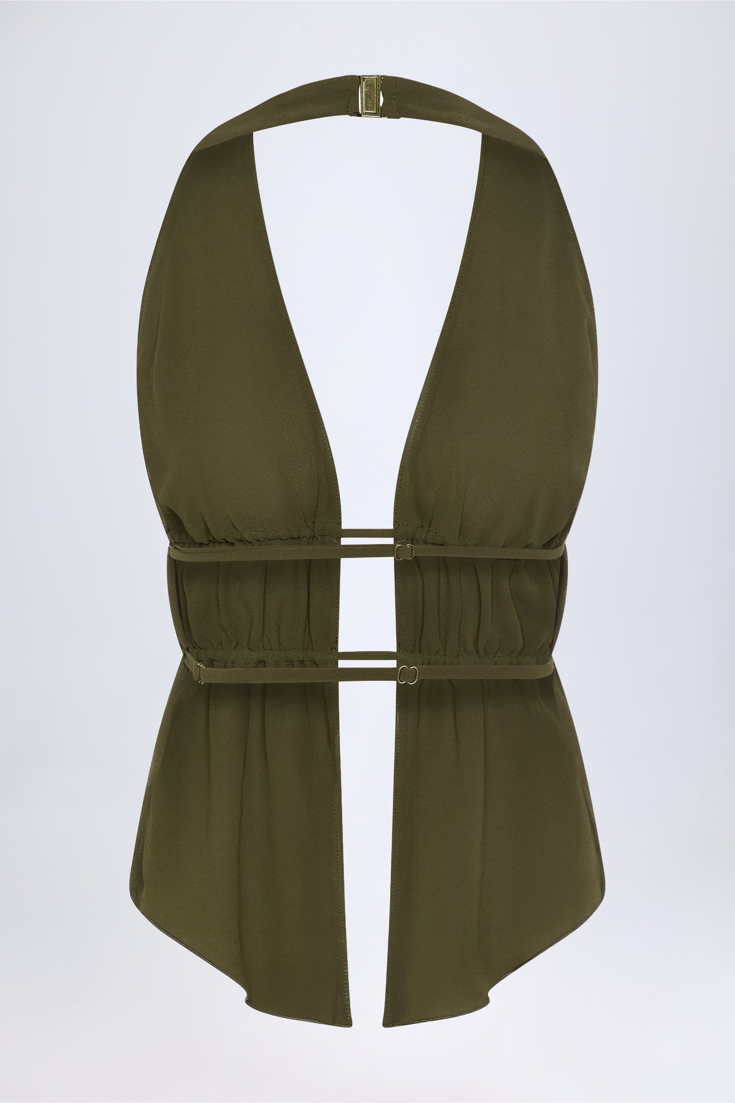 Cut-Out Semi-Sheer Ruched Halterneck Crop Top in Dark Khaki
