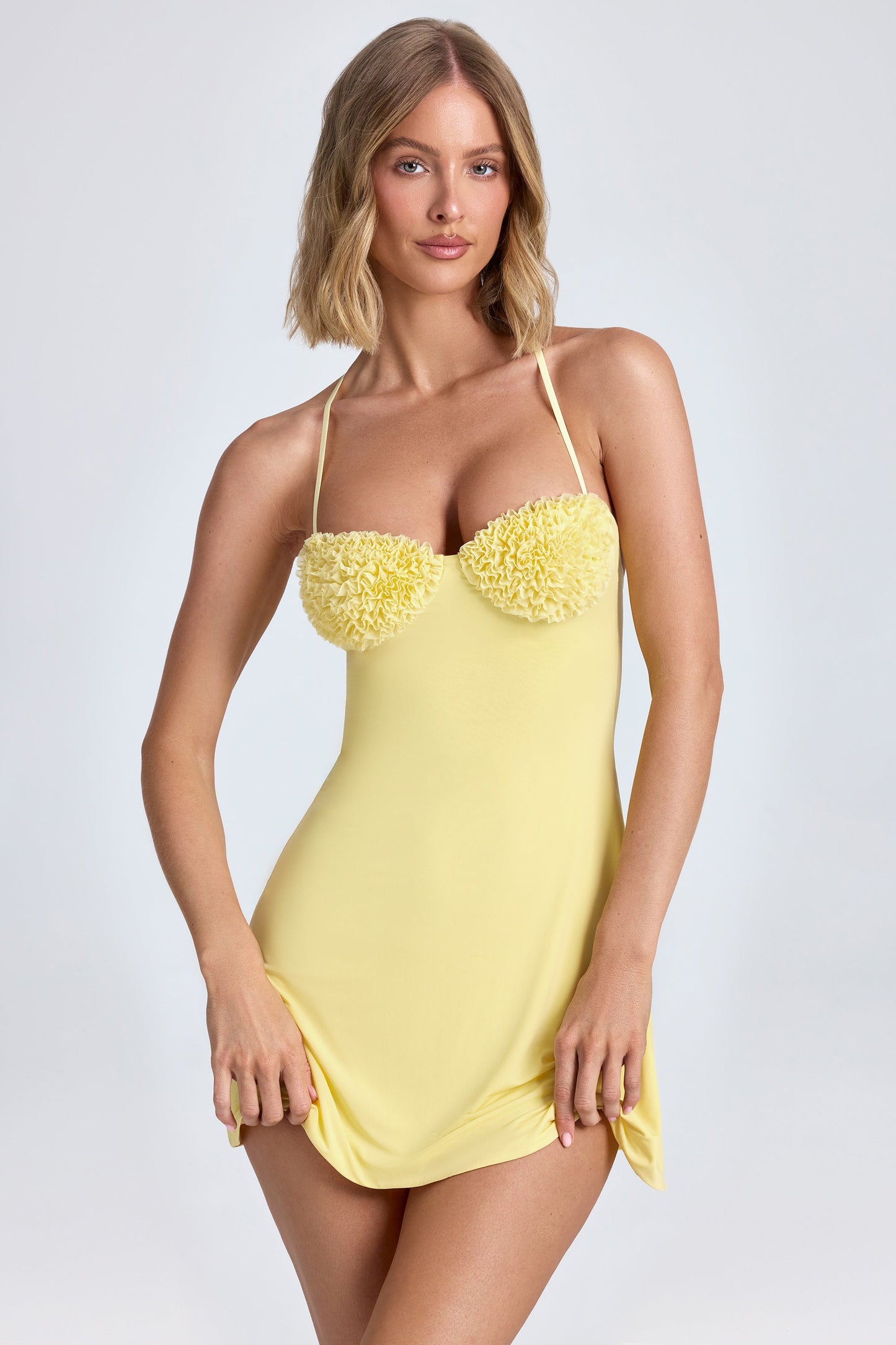 Halterneck Ruffle-Appliqu�� A-Line Mini Dress in Lemon Sherbet