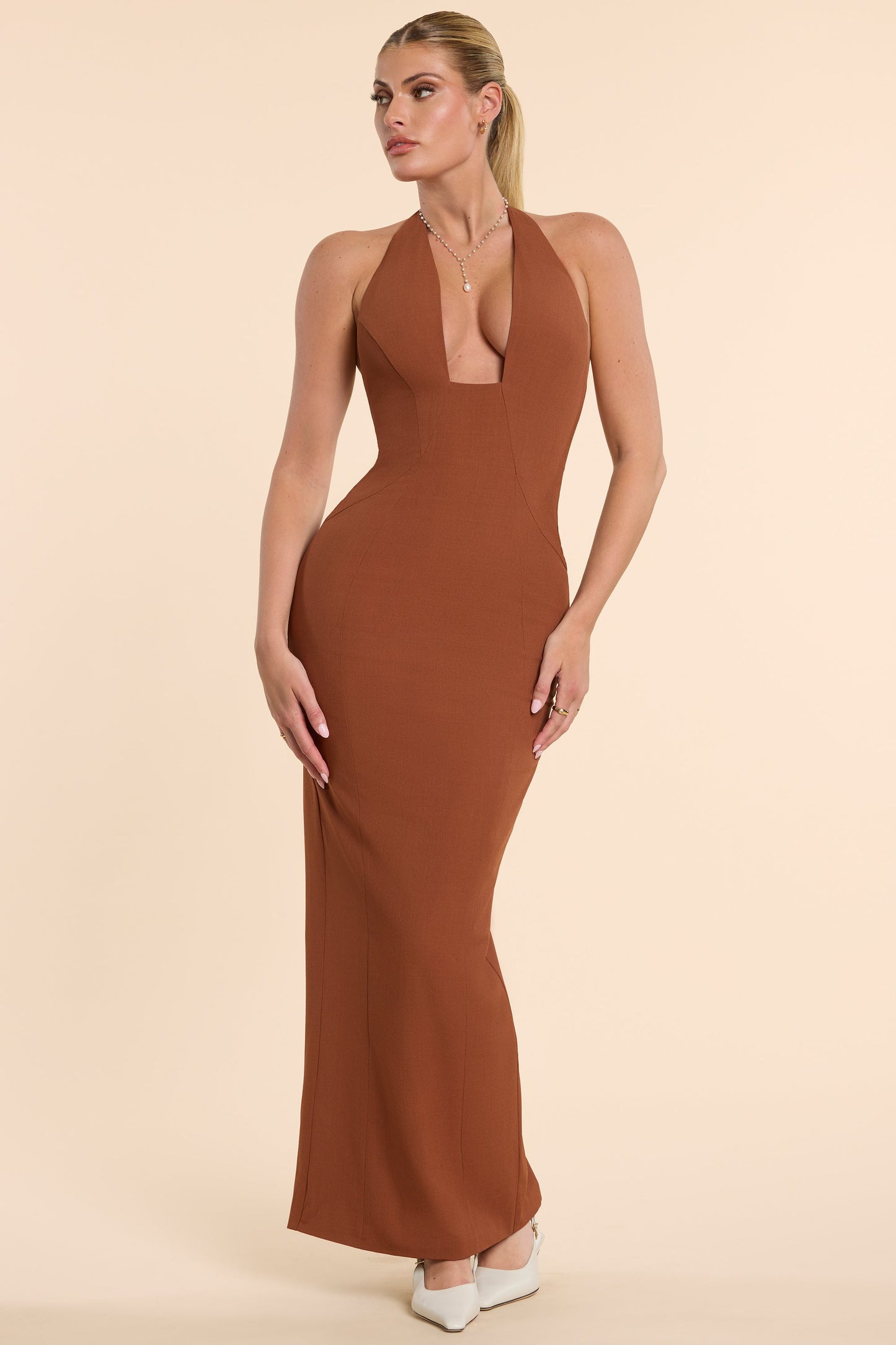 Woven Twill Halter Neck Plunge Maxi Dress in Chestnut Brown