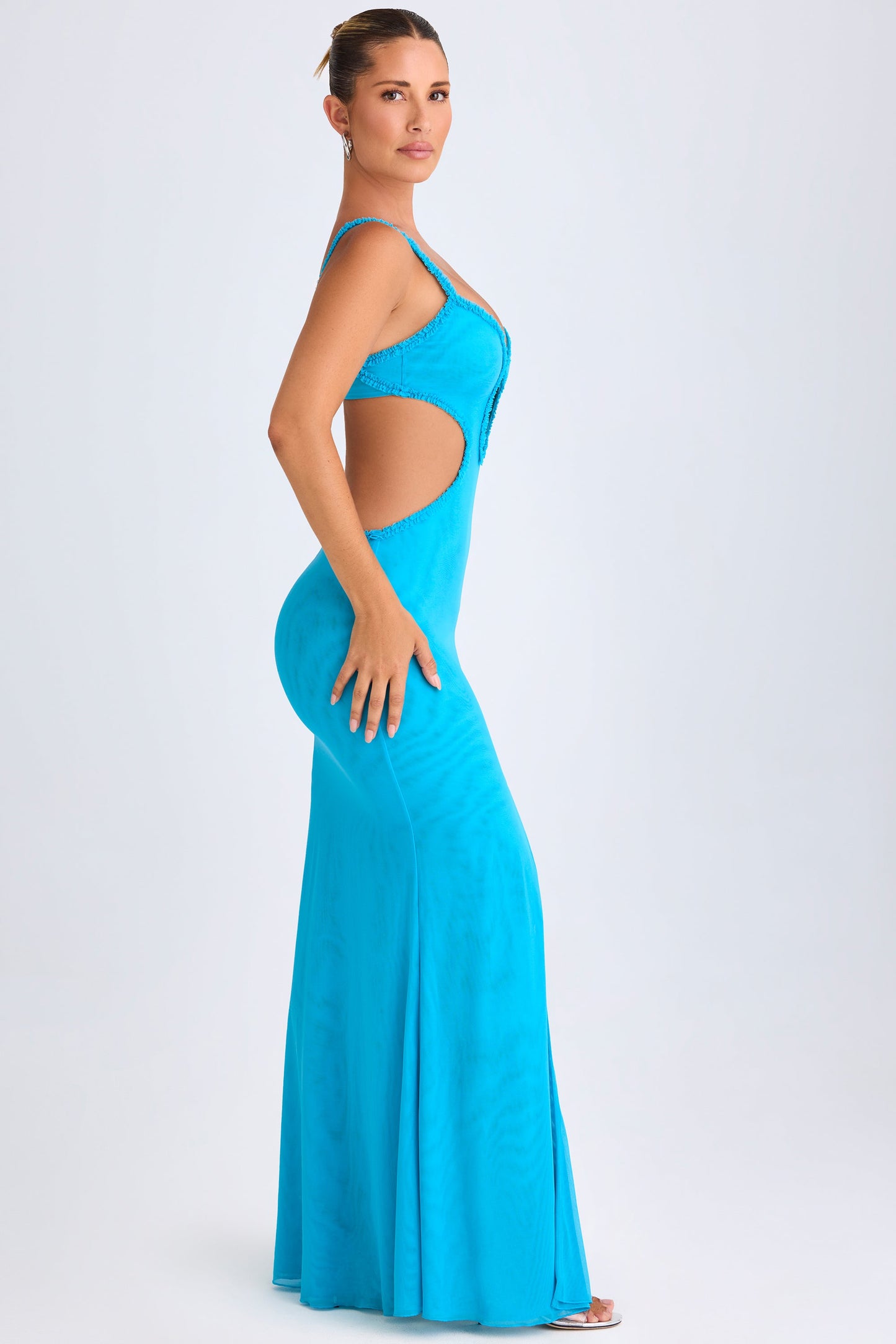 Ruffle-Appliqu�� Cut-Out Maxi Dress in Aqua Blue