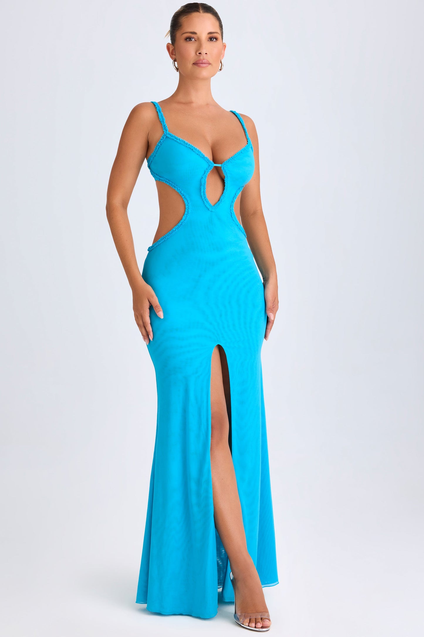 Ruffle-Appliqu�� Cut-Out Maxi Dress in Aqua Blue