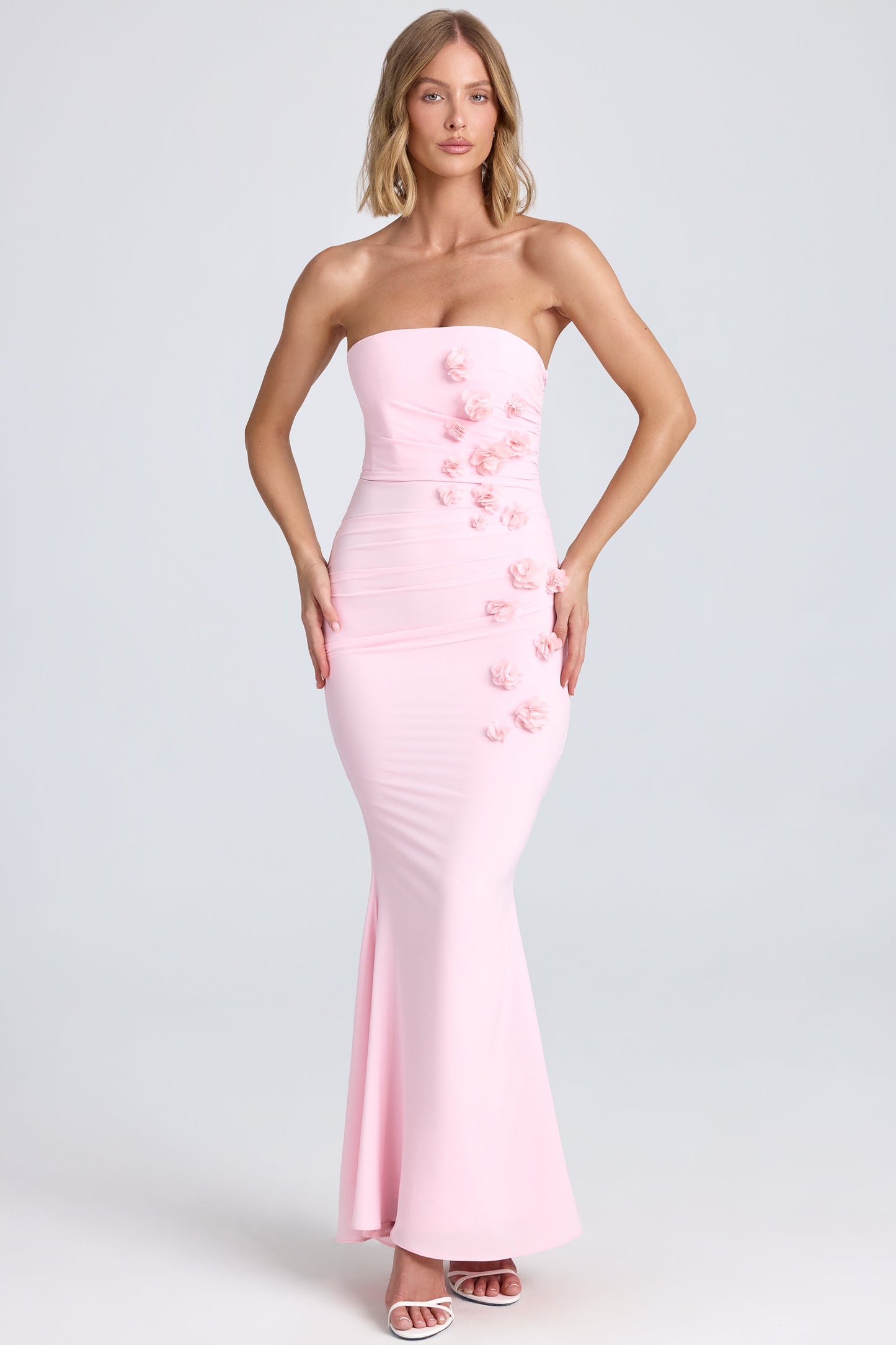 Draped Floral-Appliqu�� Maxi Dress in Blush