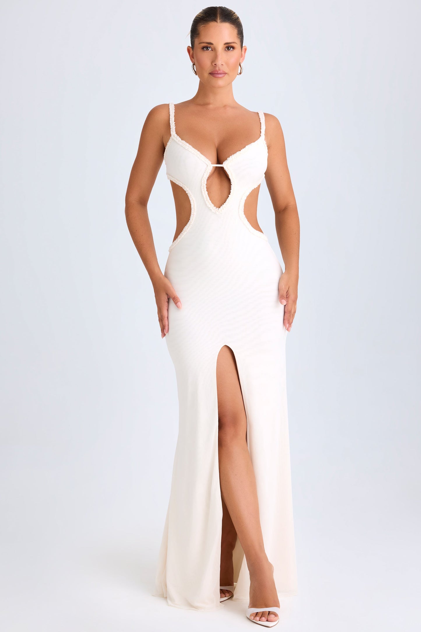 Ruffle-Appliqu�� Cut-Out Maxi Dress in White