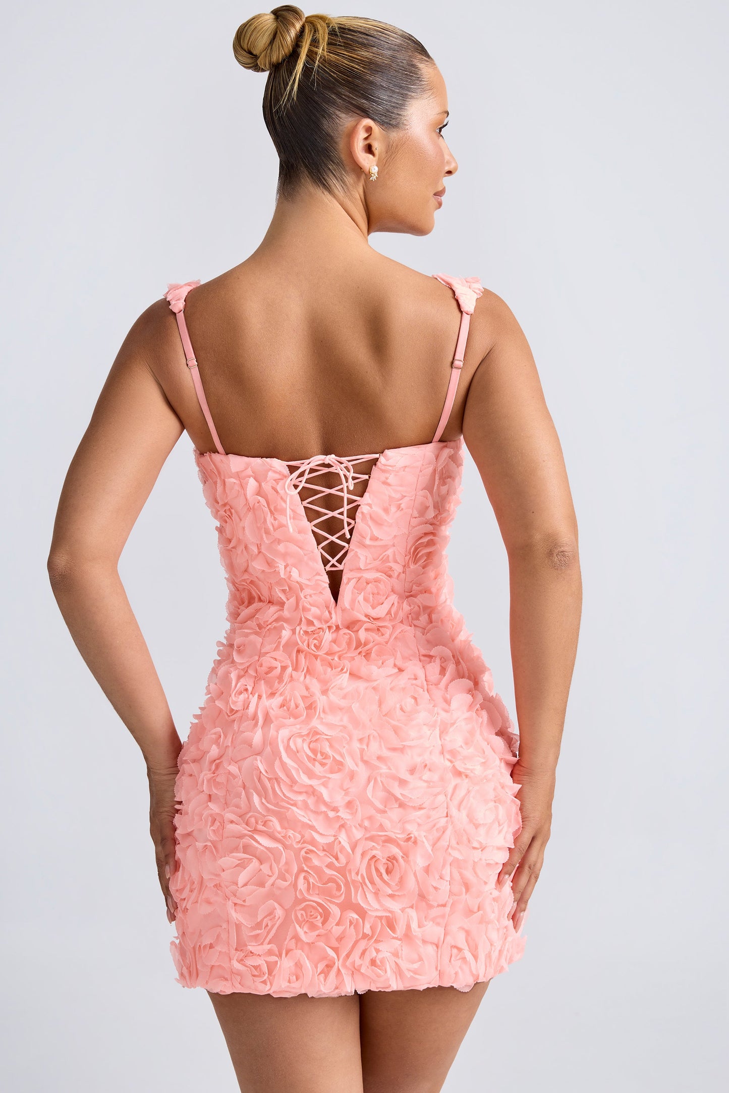 Floral-Appliqu�� Corset Mini Dress in Coral