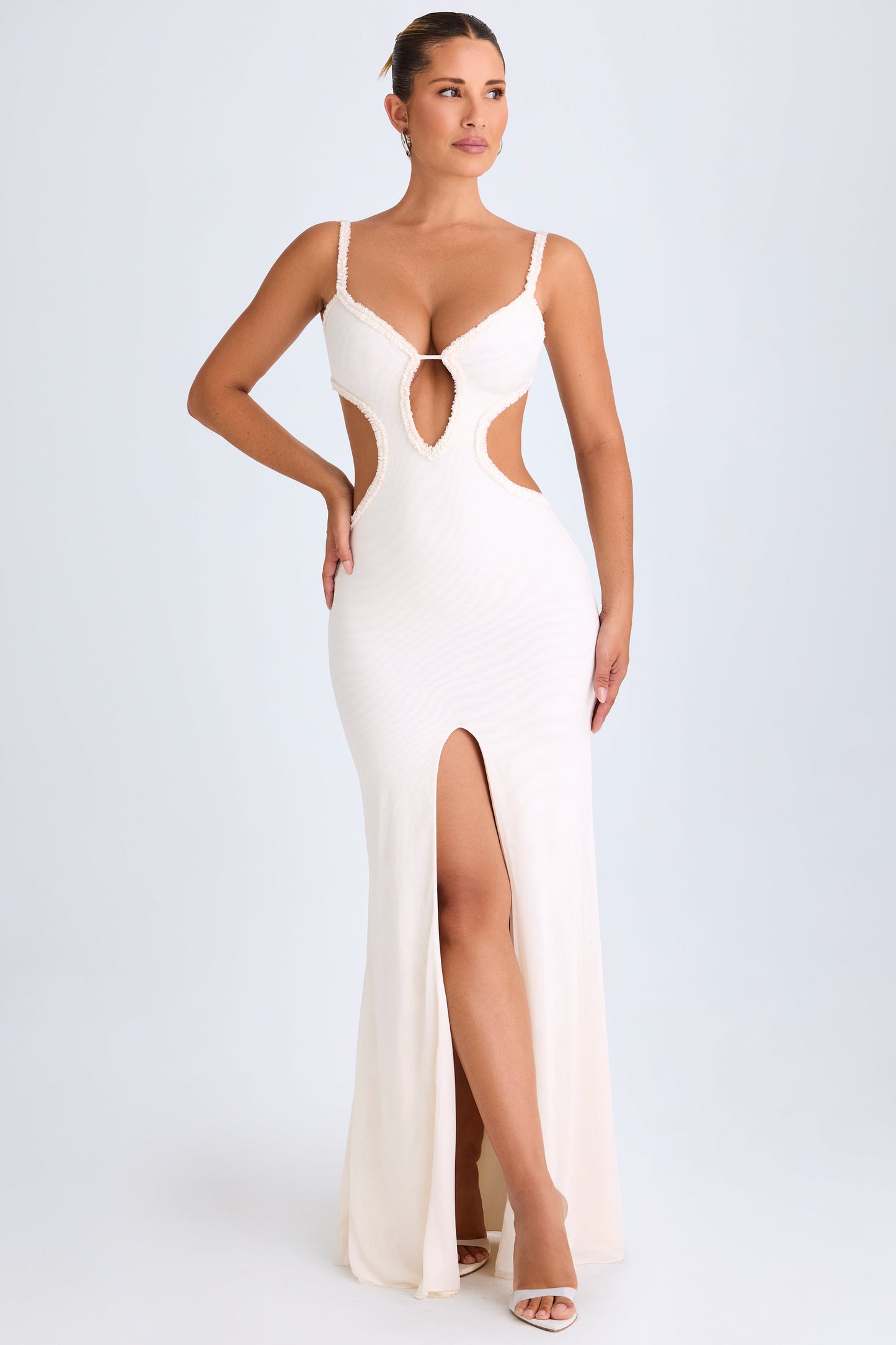 Ruffle-Appliqu�� Cut-Out Maxi Dress in White