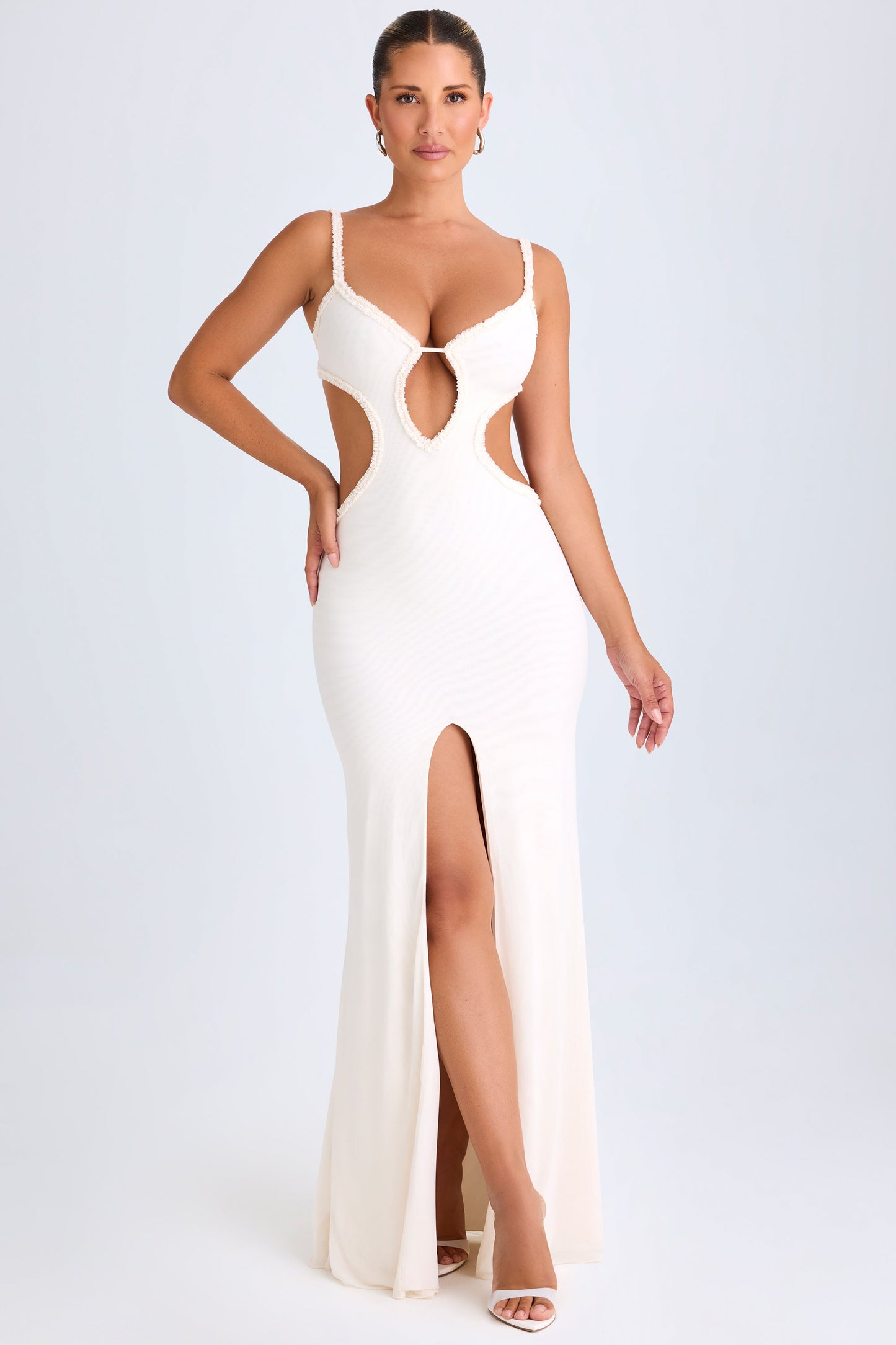 Ruffle-Appliqu�� Cut-Out Maxi Dress in White