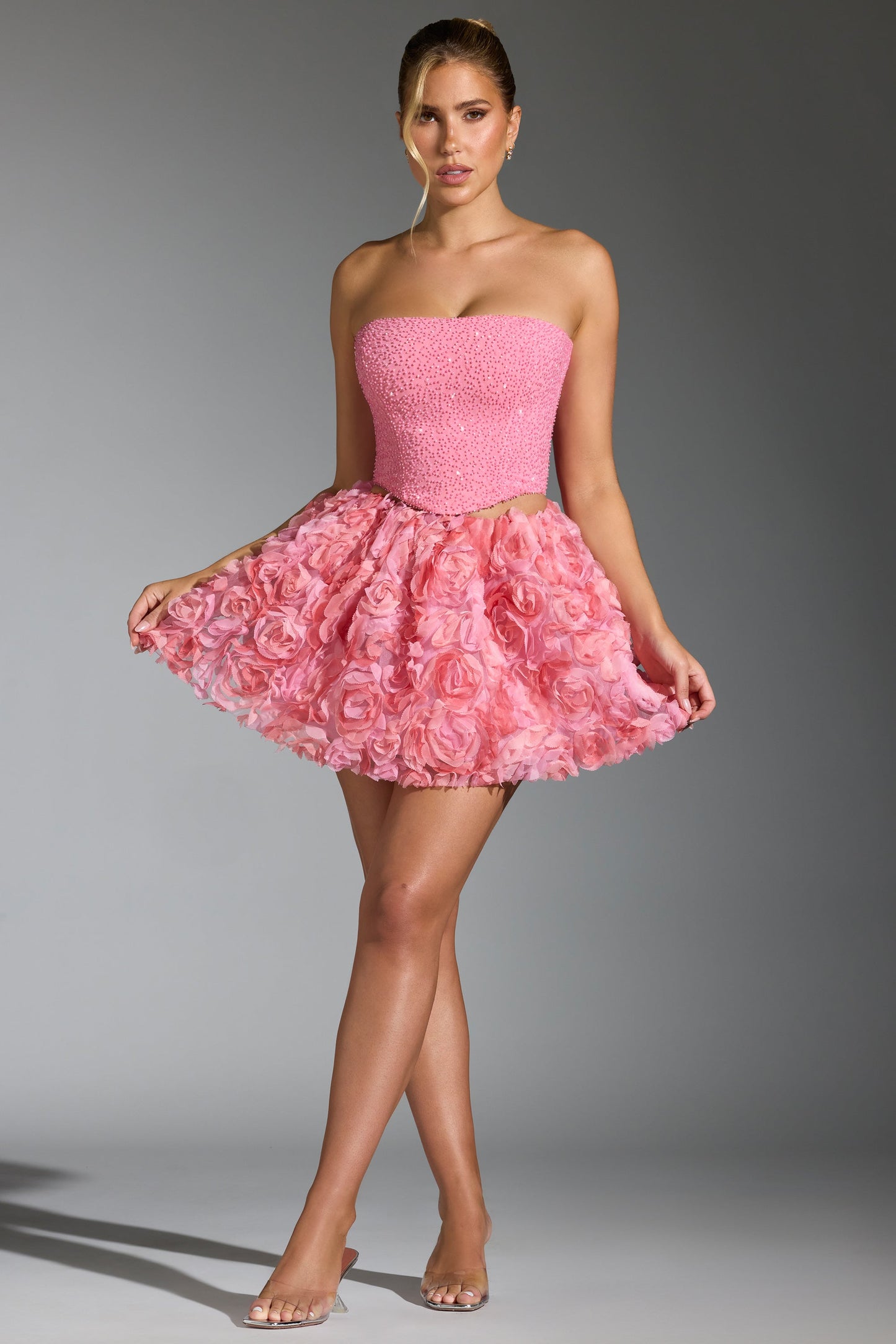 Floral-Appliqu�� Mini Skirt in Pink