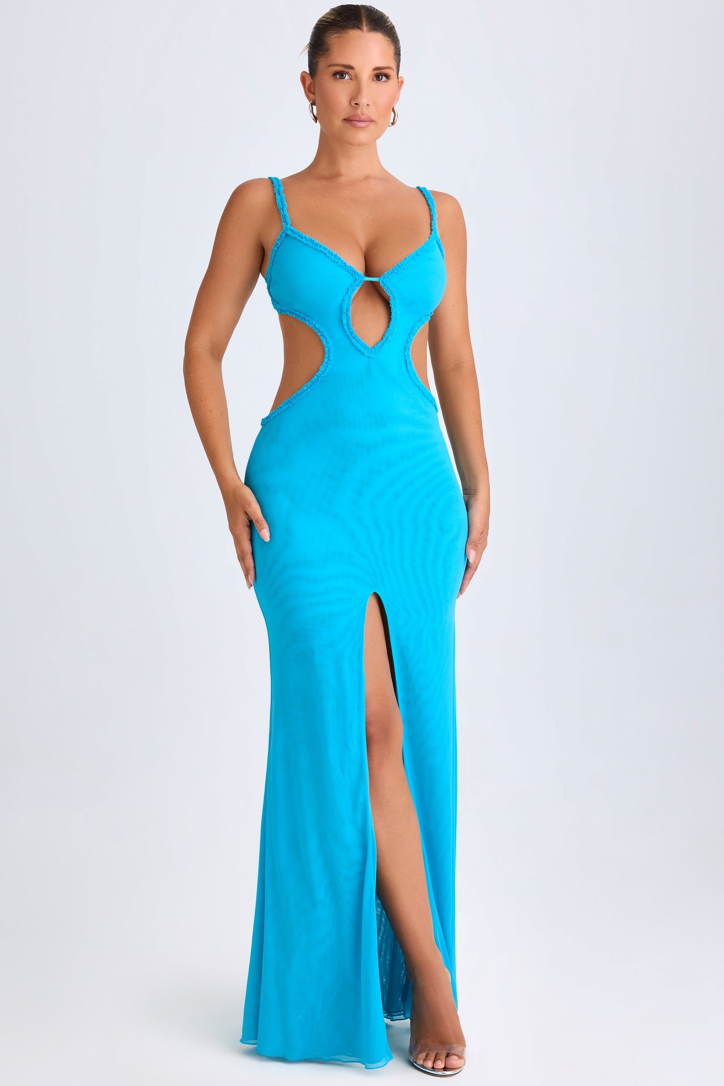 Ruffle-Appliqu�� Cut-Out Maxi Dress in Aqua Blue