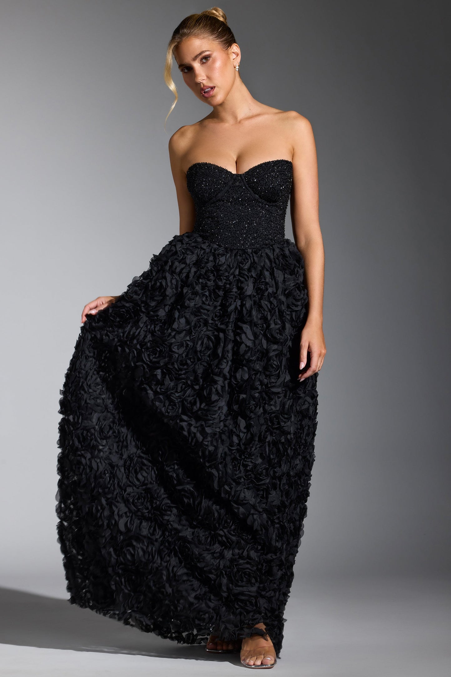 Embellished Floral-Appliqu�� Corset Gown in Black