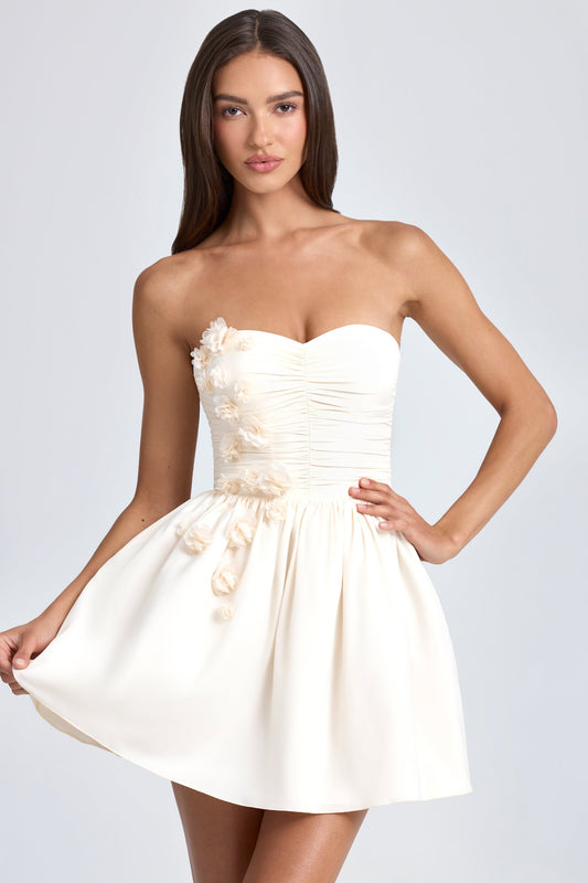 Bandeau Floral-Appliqu�� Corset Mini Dress in Ivory