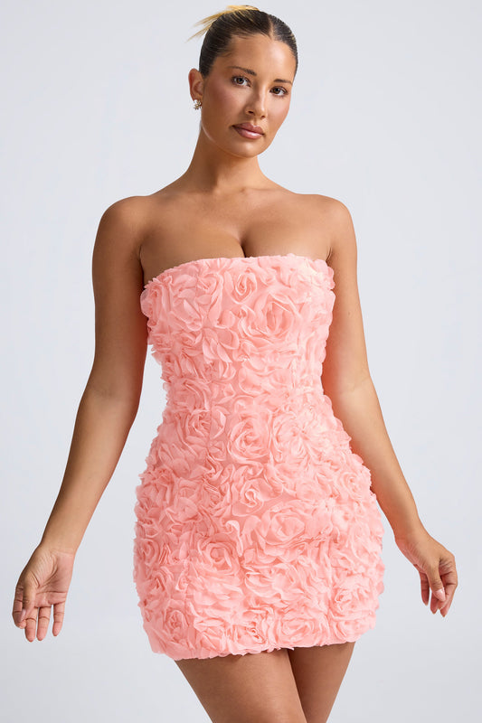 Floral-Appliqu�� Bandeau A-Line Mini Dress in Coral