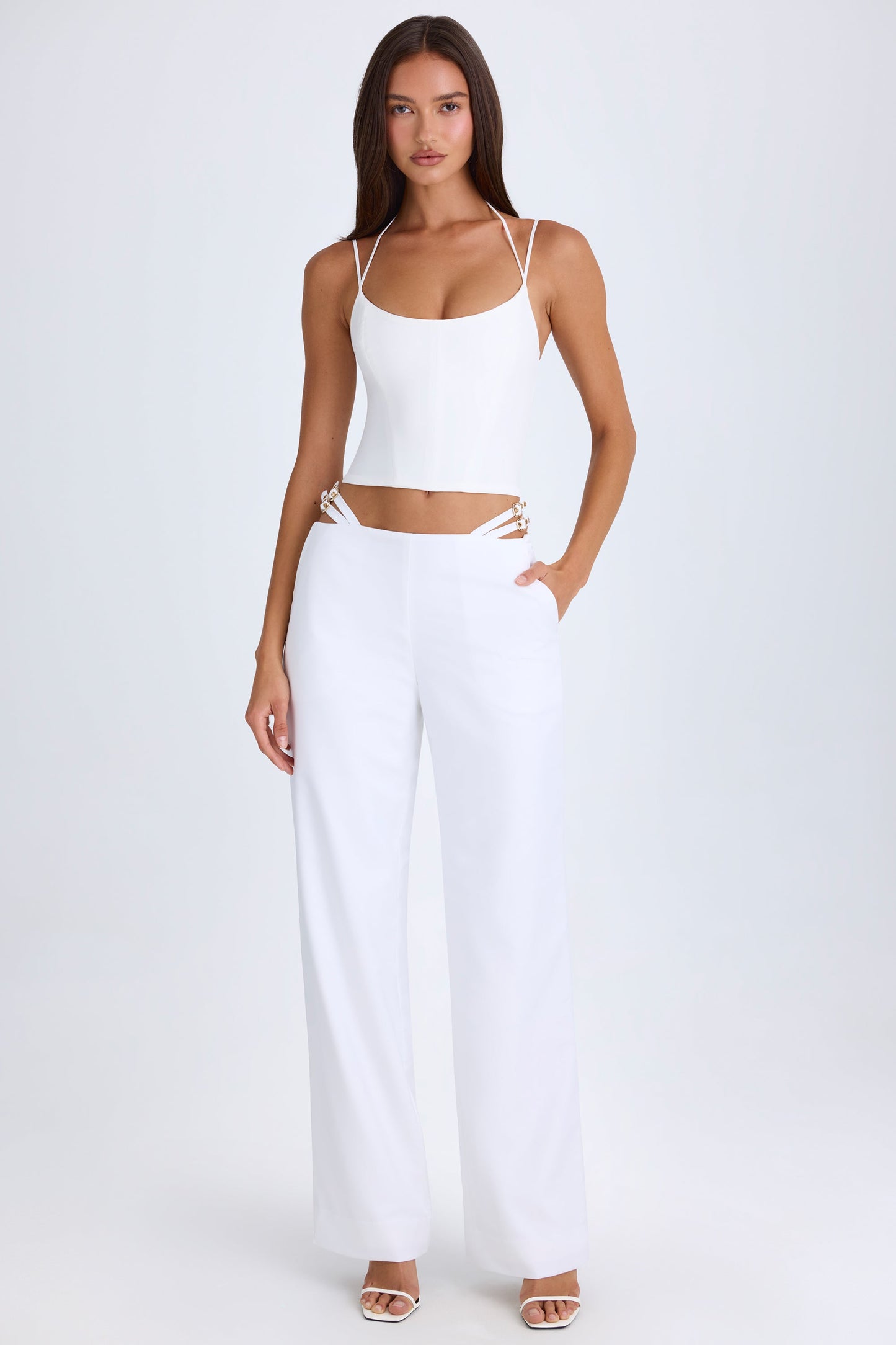 Petite Belted Cut-Out Wide-Leg Trousers in White
