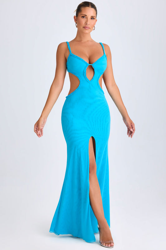 Ruffle-Appliqu�� Cut-Out Maxi Dress in Aqua Blue