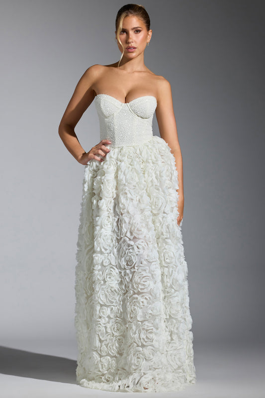Embellished Floral-Appliqu�� Corset Gown in White