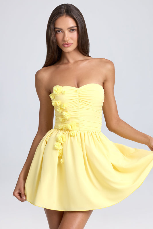 Bandeau Floral-Appliqu�� Corset Mini Dress in Lemon Sherbet