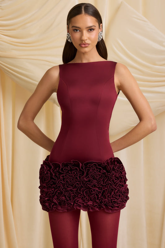 Appliqu�� Open-Back Mini Dress in Wine Red