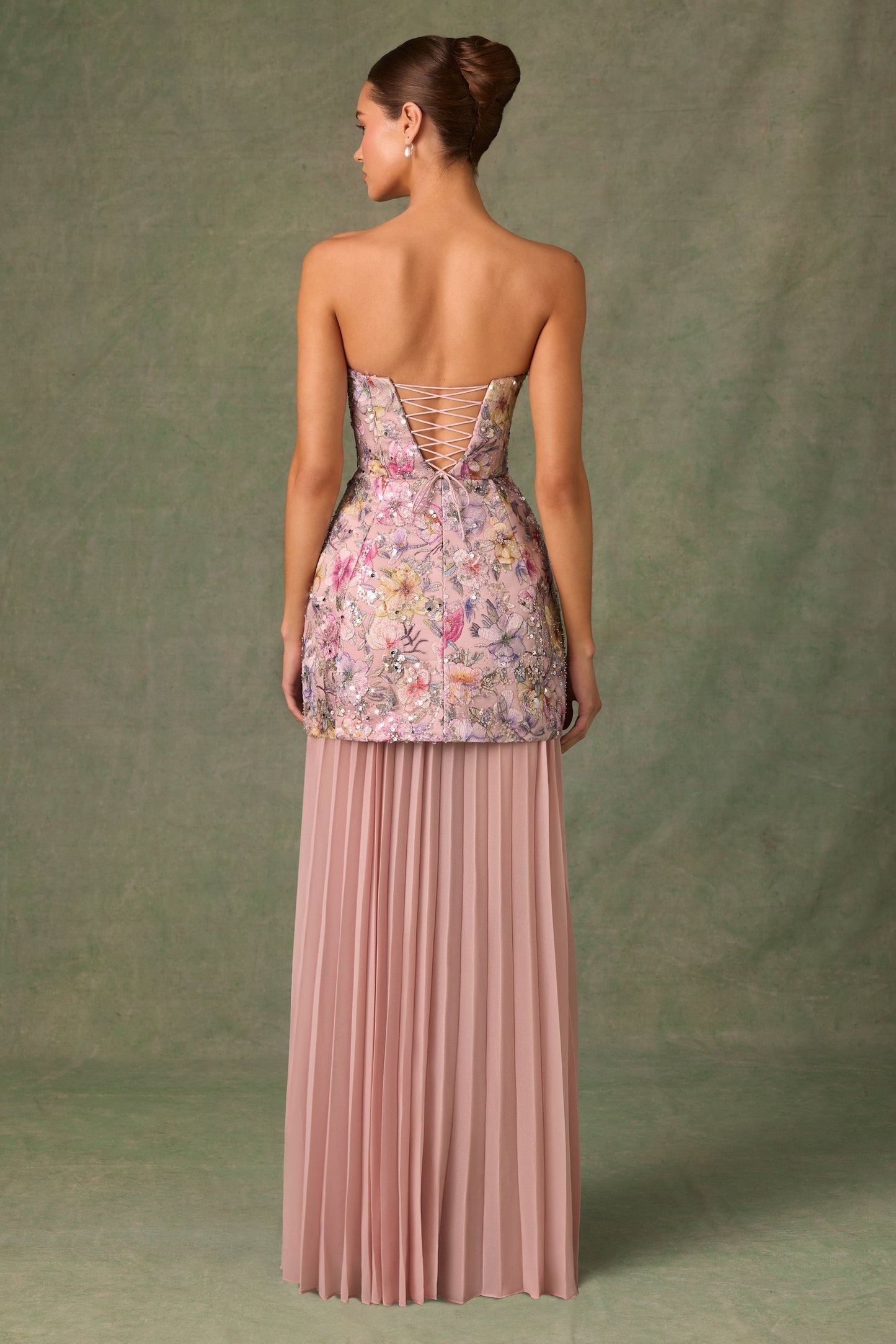 Embellished Convertible Lace-Up Gown in Floral Pink