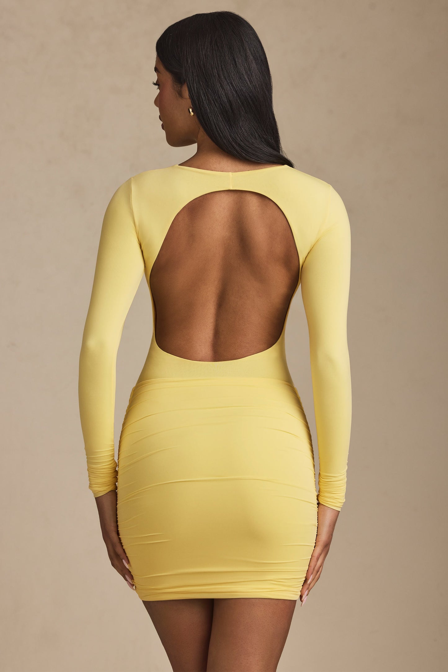 Twist-Front Ruched Backless Mini Dress in Pastel Yellow