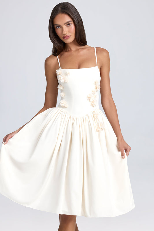 Floral-Appliqu�� Midi Dress in Ivory