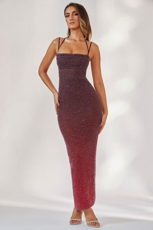 Embellished Maxi Dress in Red/Brown Ombr��