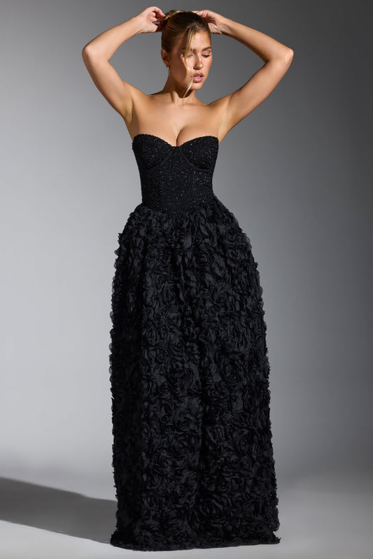 Embellished Floral-Appliqu�� Corset Gown in Black