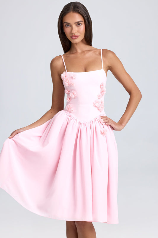 Floral-Appliqu�� Midi Dress in Blush