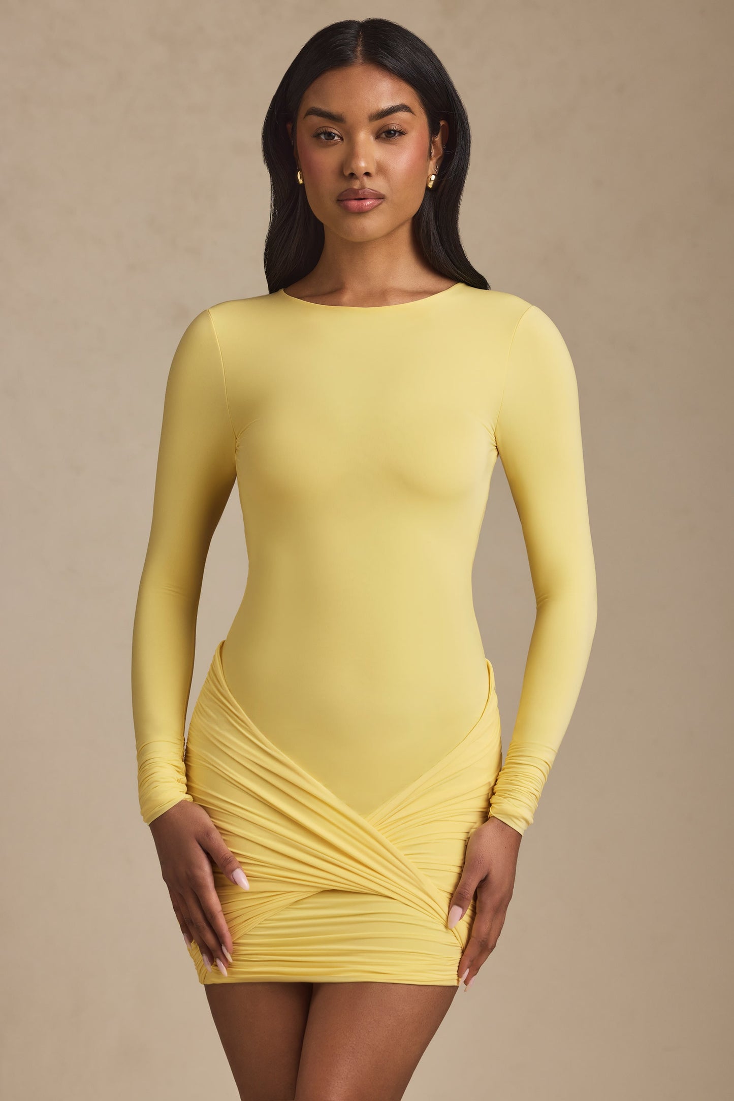 Twist-Front Ruched Backless Mini Dress in Pastel Yellow
